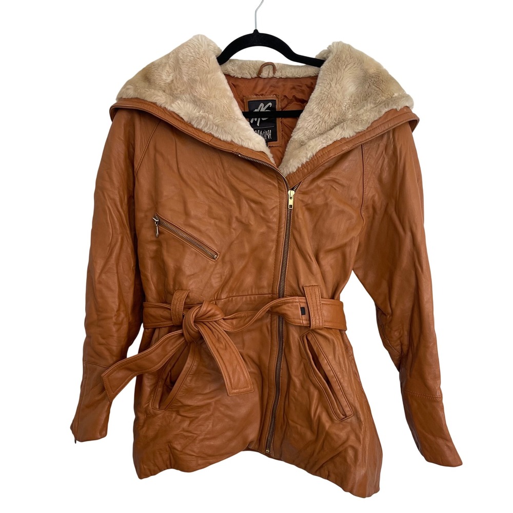 Maxima Cognac Brown Leather Hooded Jacket Faux Fur Trim Belted Moto Coat Small